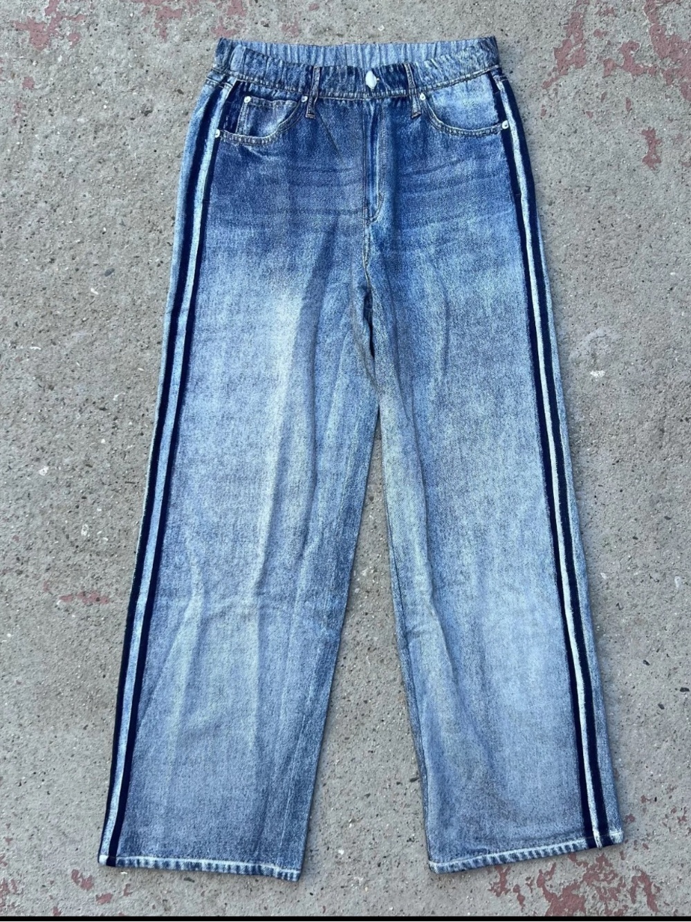 Elan Women's Printed Jean Faux Denim Pants Sz M Pants Staight Wide Leg Stripe